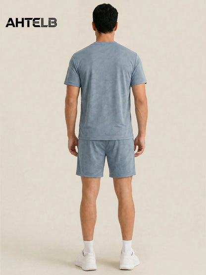 AHTELB Men's Summer Printed 2-Piece Sportswear Set, Crew Neck Printed T-Shirt With Drawstring Shorts, Thin Ice Silk Breathable Quick-Dry Elastic Casual Outfit, Suitable For Daily Outdoor Sports, Leisu