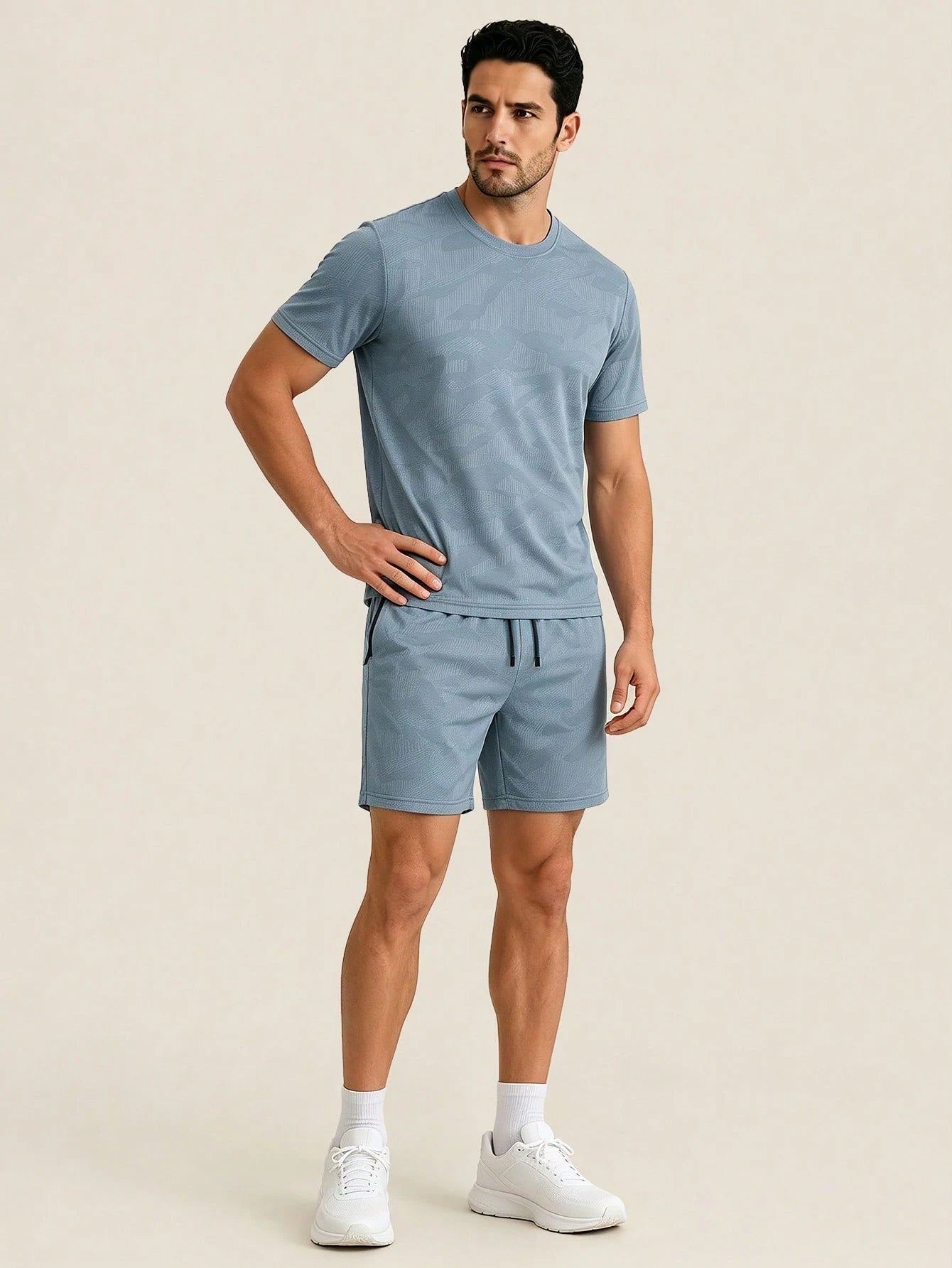 AHTELB Men's Summer Printed 2-Piece Sportswear Set, Crew Neck Printed T-Shirt With Drawstring Shorts, Thin Ice Silk Breathable Quick-Dry Elastic Casual Outfit, Suitable For Daily Outdoor Sports, Leisu