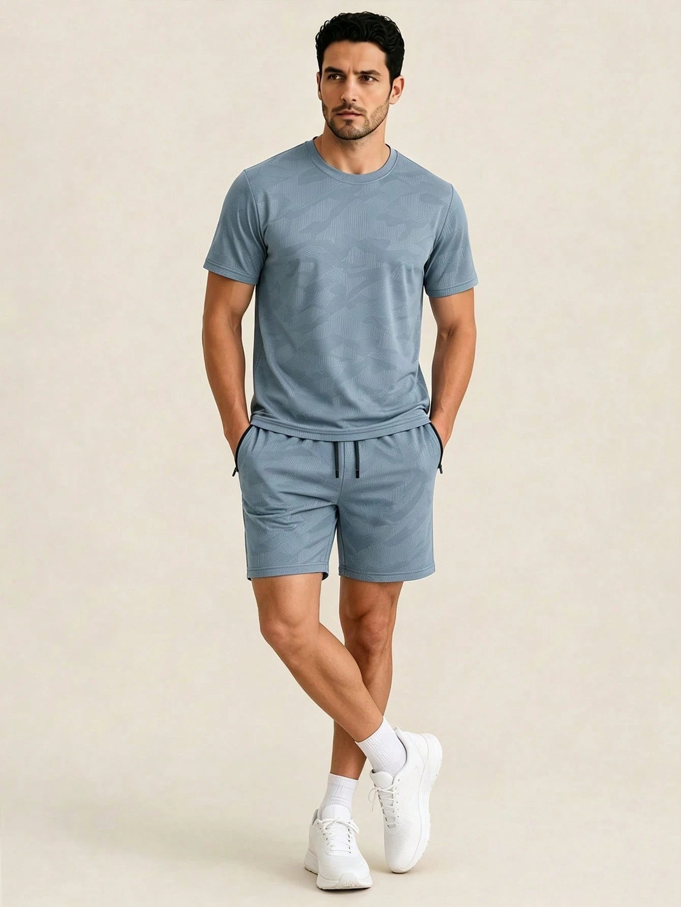 AHTELB Men's Summer Printed 2-Piece Sportswear Set, Crew Neck Printed T-Shirt With Drawstring Shorts, Thin Ice Silk Breathable Quick-Dry Elastic Casual Outfit, Suitable For Daily Outdoor Sports, Leisu