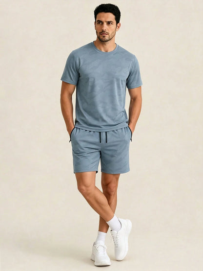 AHTELB Men's Summer Printed 2-Piece Sportswear Set, Crew Neck Printed T-Shirt With Drawstring Shorts, Thin Ice Silk Breathable Quick-Dry Elastic Casual Outfit, Suitable For Daily Outdoor Sports, Leisu