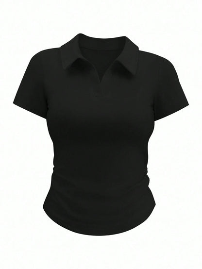 Airaco Women's Plain Collar Short Sleeve Casual Pleated T-Shirt