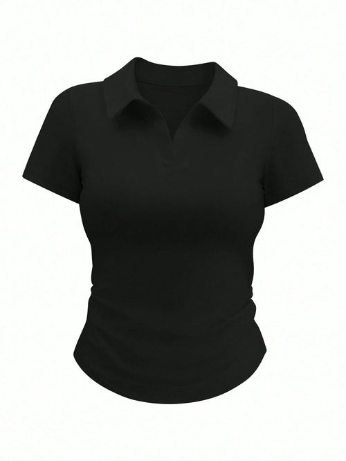 Airaco Women's Plain Collar Short Sleeve Casual Pleated T-Shirt