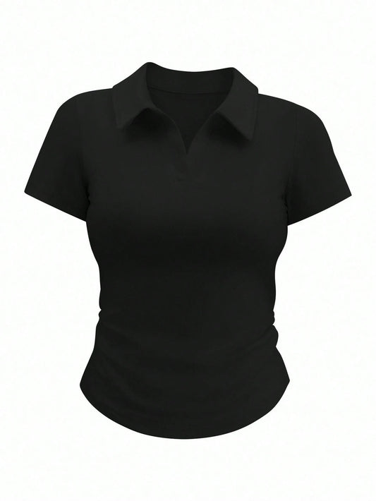 Airaco Women's Plain Collar Short Sleeve Casual Pleated T-Shirt