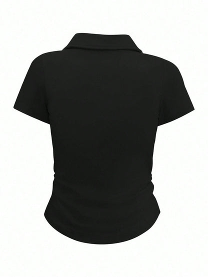 Airaco Women's Plain Collar Short Sleeve Casual Pleated T-Shirt