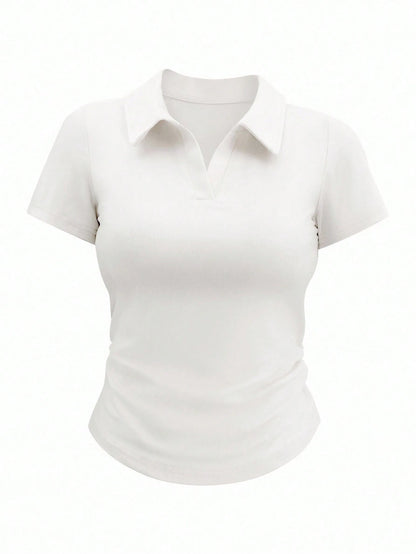 Airaco Women's Plain Collar Short Sleeve Casual Pleated T-Shirt