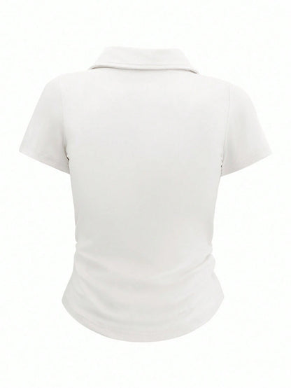 Airaco Women's Plain Collar Short Sleeve Casual Pleated T-Shirt
