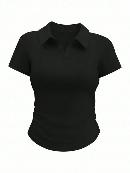 Airaco Women's Plain Collar Short Sleeve Casual Pleated T-Shirt