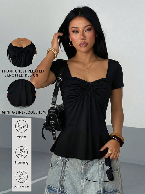 AITYI Women's T-Shirt, Elastic Gathered Neckline, Twist Neck, Casual Everyday, Versatile, Design-Focused, Suggest Ordering One Size Up Black Summer