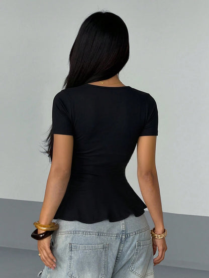 AITYI Women's T-Shirt, Elastic Gathered Neckline, Twist Neck, Casual Everyday, Versatile, Design-Focused, Suggest Ordering One Size Up Black Summer