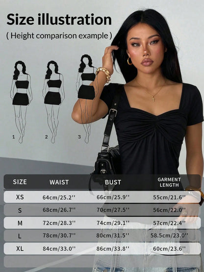 AITYI Women's T-Shirt, Elastic Gathered Neckline, Twist Neck, Casual Everyday, Versatile, Design-Focused, Suggest Ordering One Size Up Black Summer