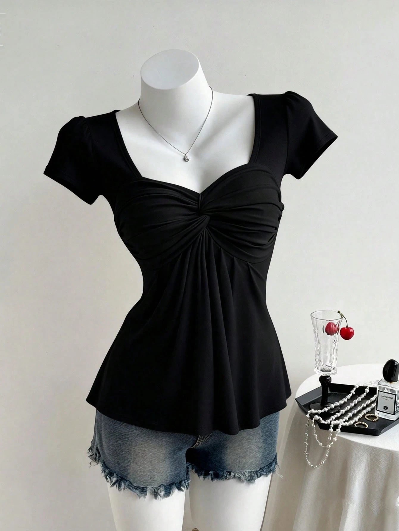 AITYI Women's T-Shirt, Elastic Gathered Neckline, Twist Neck, Casual Everyday, Versatile, Design-Focused, Suggest Ordering One Size Up Black Summer