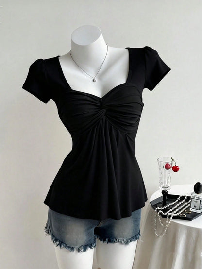 AITYI Women's T-Shirt, Elastic Gathered Neckline, Twist Neck, Casual Everyday, Versatile, Design-Focused, Suggest Ordering One Size Up Black Summer