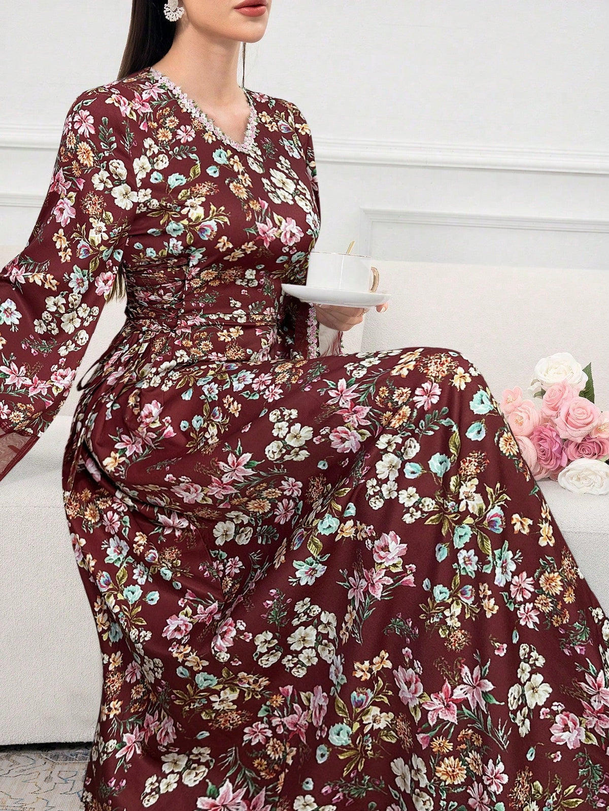 Al Najma Women's Elegant Floral Print Contrast Mesh Dress, Autumn