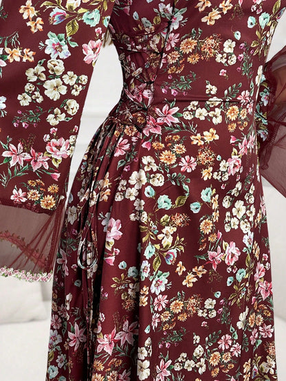 Al Najma Women's Elegant Floral Print Contrast Mesh Dress, Autumn