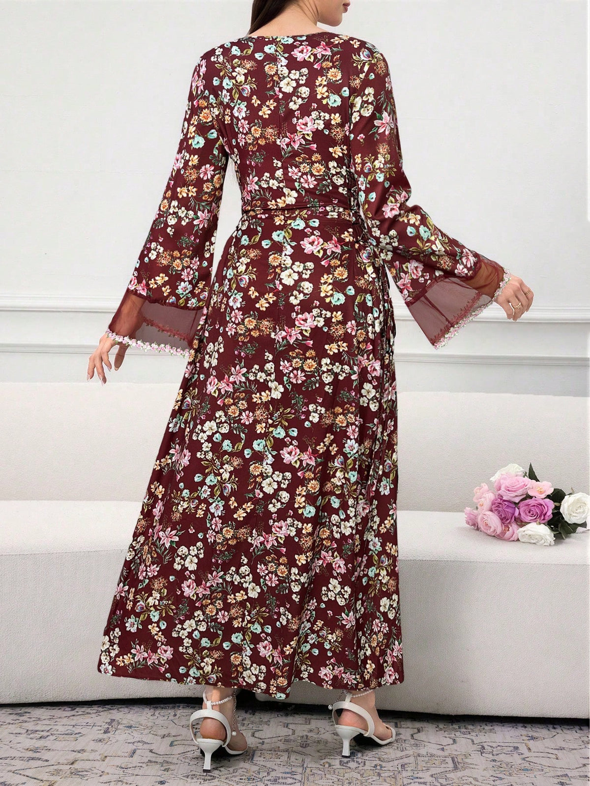 Al Najma Women's Elegant Floral Print Contrast Mesh Dress, Autumn