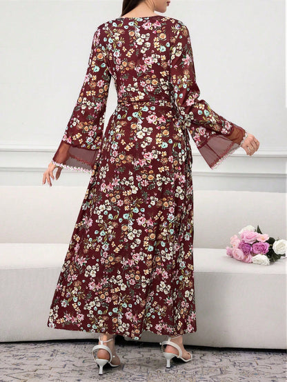 Al Najma Women's Elegant Floral Print Contrast Mesh Dress, Autumn