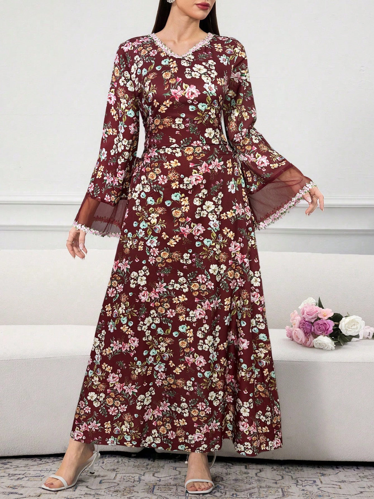 Al Najma Women's Elegant Floral Print Contrast Mesh Dress, Autumn