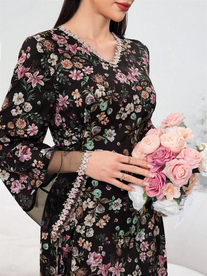 Al Najma Women's Elegant Floral Print Contrast Mesh Dress, Autumn
