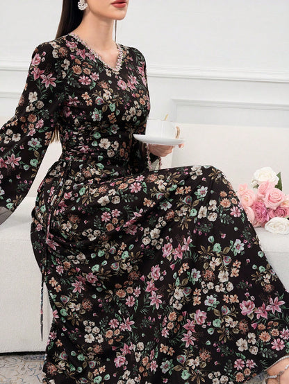 Al Najma Women's Elegant Floral Print Contrast Mesh Dress, Autumn