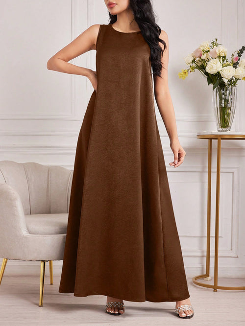Al Najma Women's Round Neck Sleeveless Arabic Wedding Guest Contrast-Bound Brown Modest Elegant Vacation Maxi Dress, Under Abaya Dress