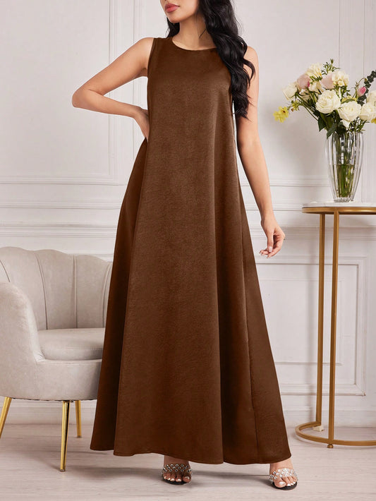 Al Najma Women's Round Neck Sleeveless Arabic Wedding Guest Contrast-Bound Brown Modest Elegant Vacation Maxi Dress, Under Abaya Dress