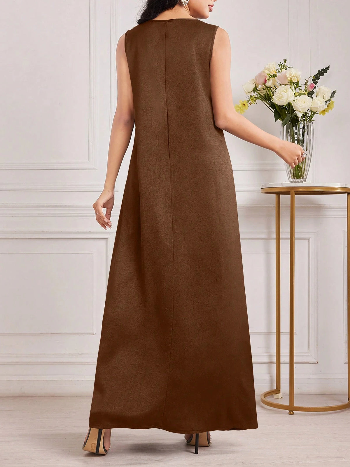 Al Najma Women's Round Neck Sleeveless Arabic Wedding Guest Contrast-Bound Brown Modest Elegant Vacation Maxi Dress, Under Abaya Dress