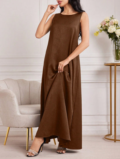 Al Najma Women's Round Neck Sleeveless Arabic Wedding Guest Contrast-Bound Brown Modest Elegant Vacation Maxi Dress, Under Abaya Dress