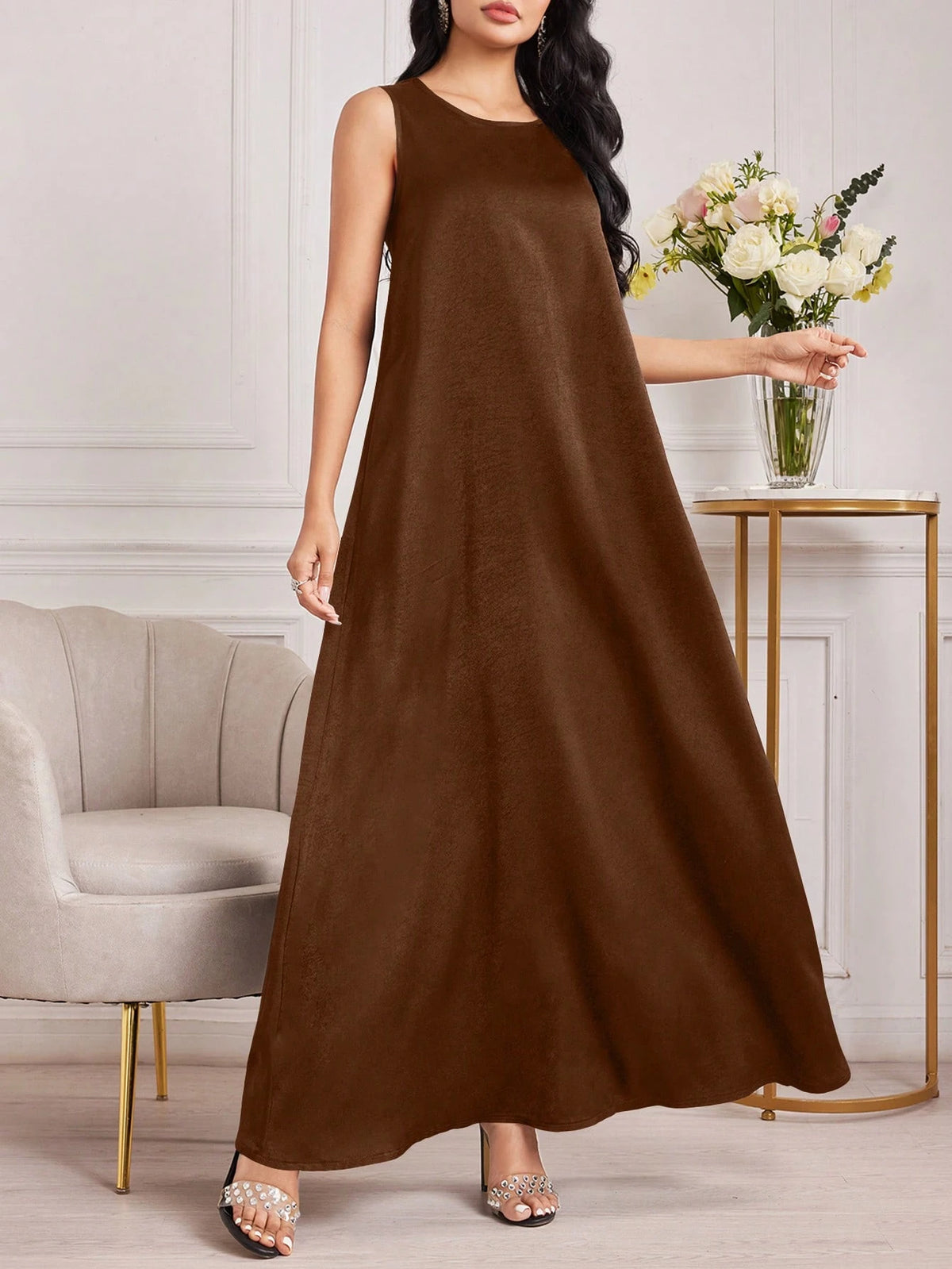 Al Najma Women's Round Neck Sleeveless Arabic Wedding Guest Contrast-Bound Brown Modest Elegant Vacation Maxi Dress, Under Abaya Dress