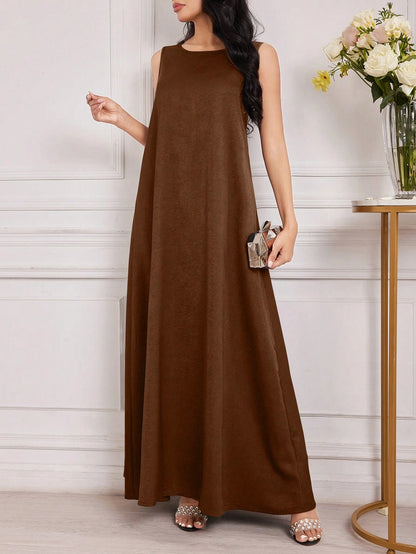 Al Najma Women's Round Neck Sleeveless Arabic Wedding Guest Contrast-Bound Brown Modest Elegant Vacation Maxi Dress, Under Abaya Dress