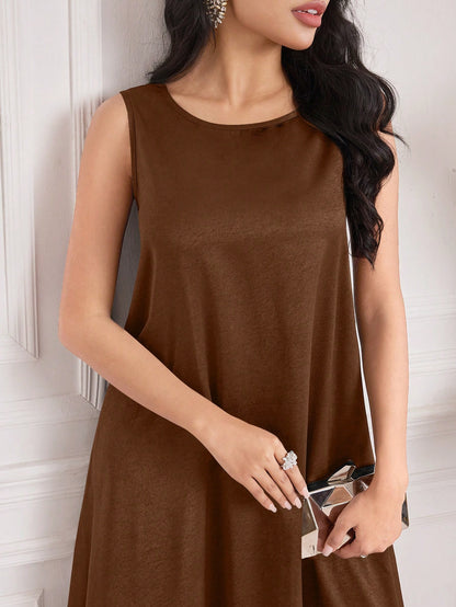 Al Najma Women's Round Neck Sleeveless Arabic Wedding Guest Contrast-Bound Brown Modest Elegant Vacation Maxi Dress, Under Abaya Dress
