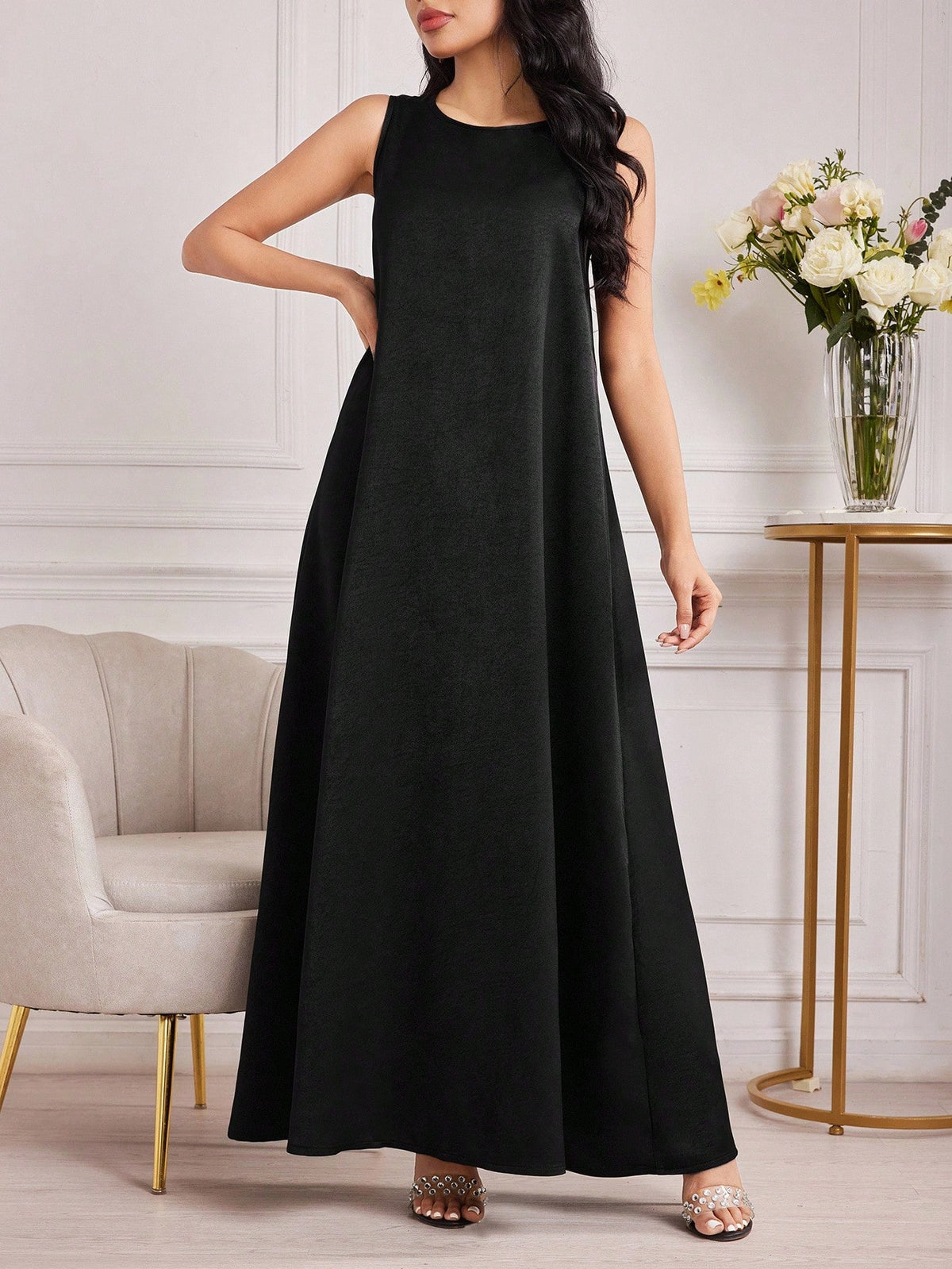 Al Najma Women's Round Neck Sleeveless Arabic Wedding Guest Contrast-Bound Brown Modest Elegant Vacation Maxi Dress, Under Abaya Dress