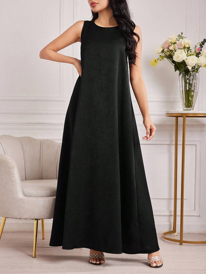 Al Najma Women's Round Neck Sleeveless Arabic Wedding Guest Contrast-Bound Brown Modest Elegant Vacation Maxi Dress, Under Abaya Dress