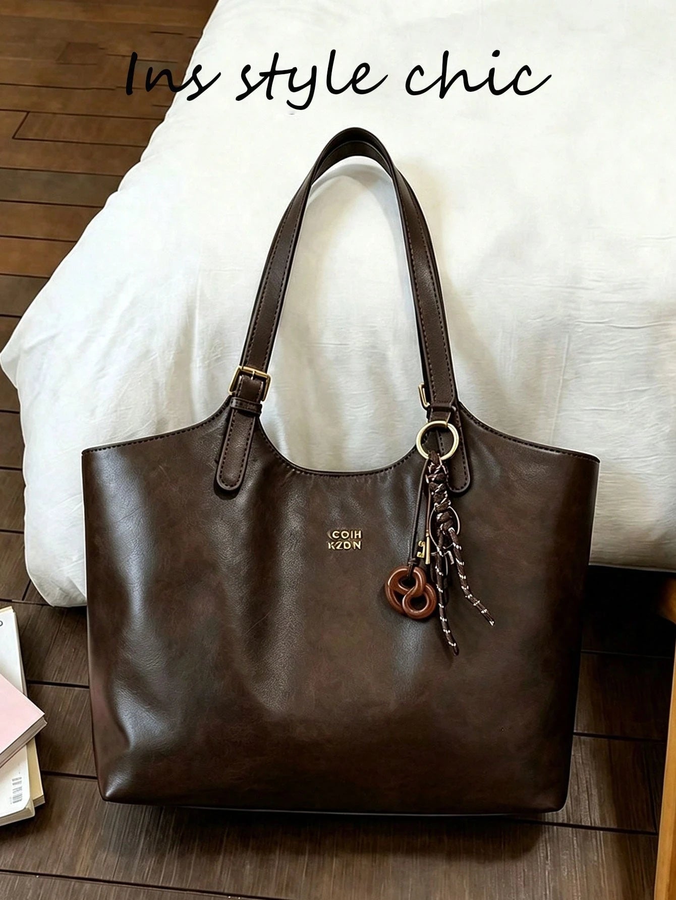 Alkaline Water Knot Woven Pendant Decor Large Capacity Multi-Compartment Storage Space Vintage Maillard Style Tote Bag Women's Commute School Shopping Shoulder Bag Daily Travel Handbag