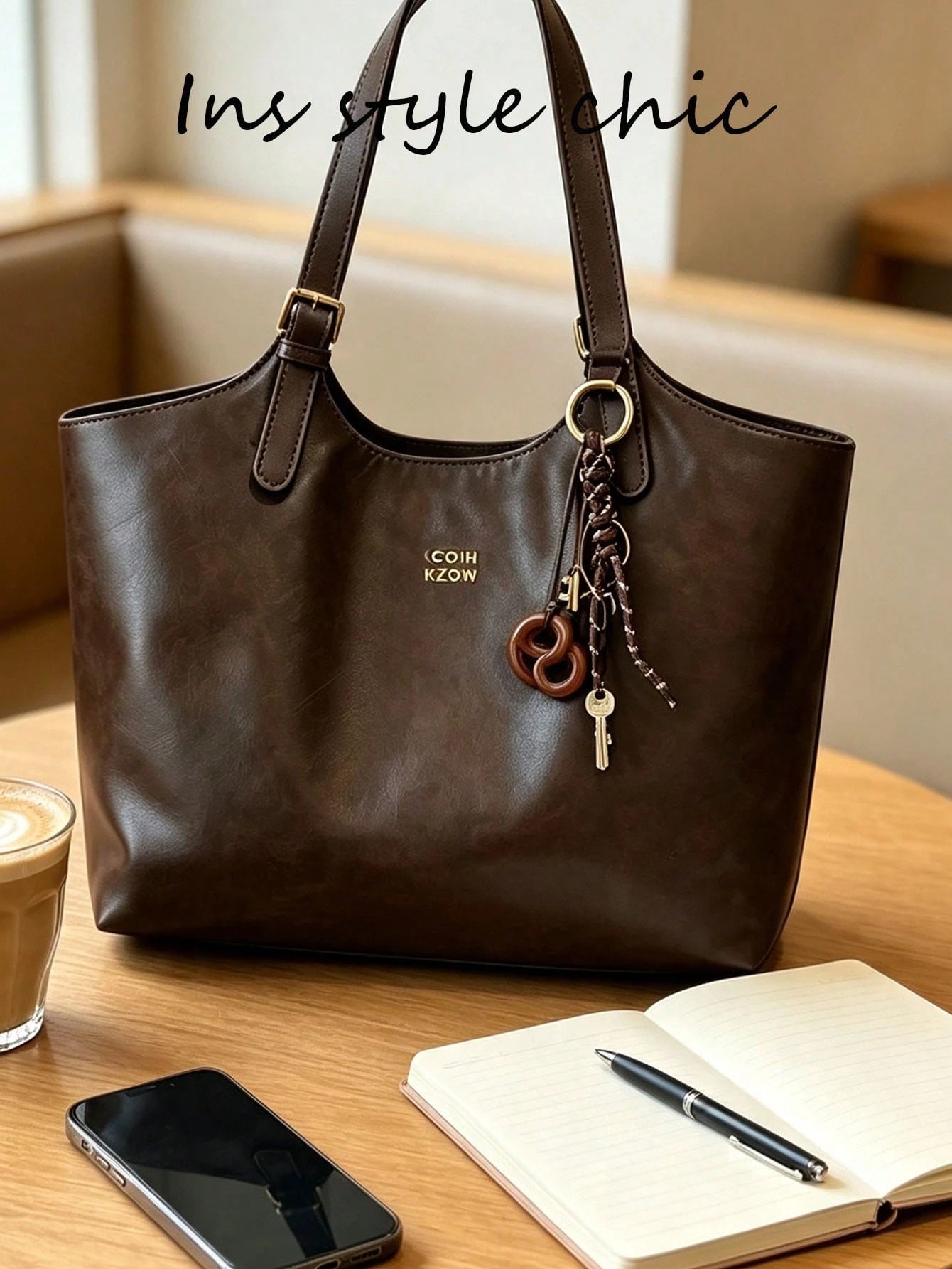 Alkaline Water Knot Woven Pendant Decor Large Capacity Multi-Compartment Storage Space Vintage Maillard Style Tote Bag Women's Commute School Shopping Shoulder Bag Daily Travel Handbag