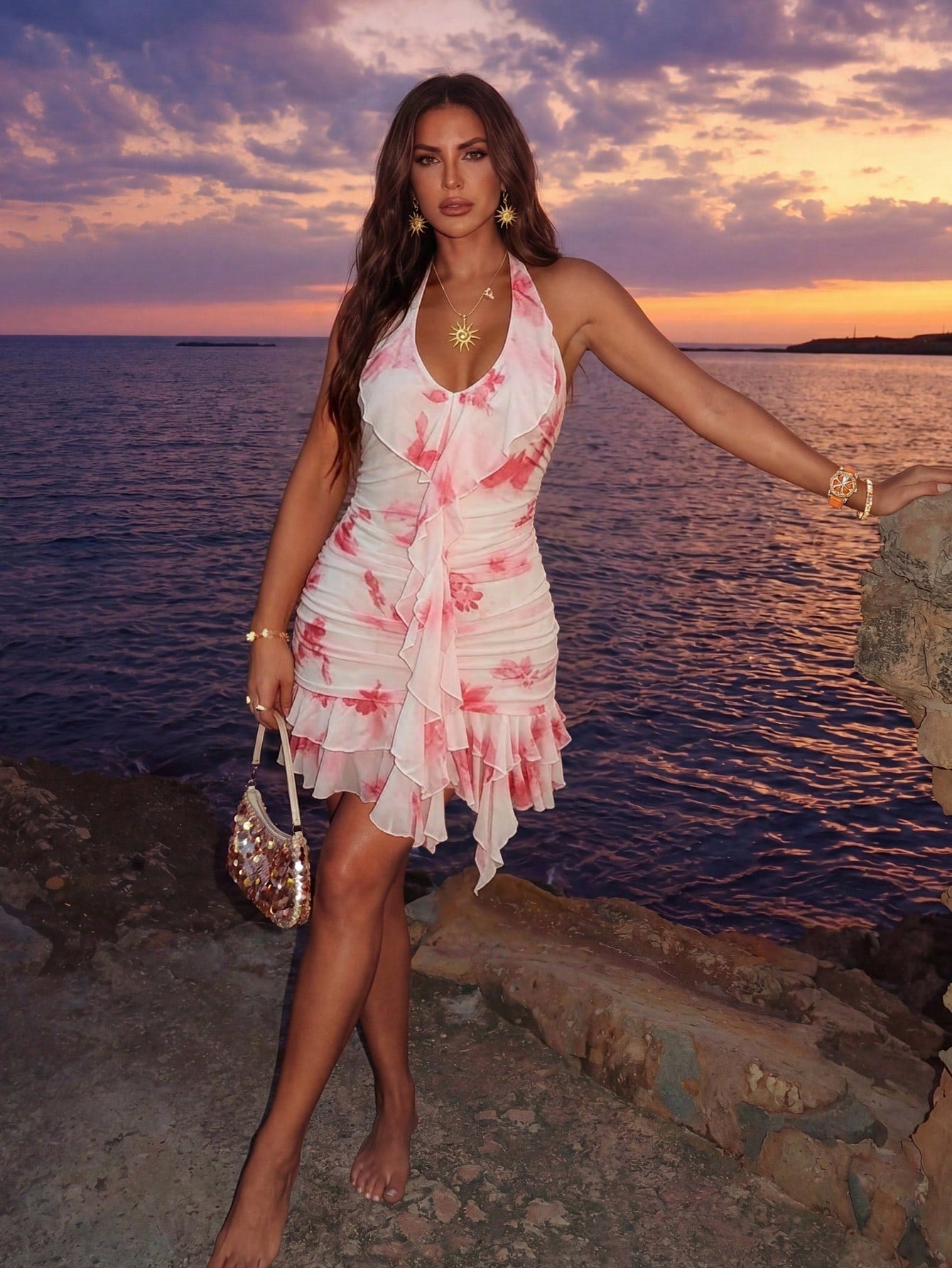 Allurite Women's Elegant Tropical Sexy Short Dress, Summer Beach Holiday Vacation Vacation V-Neck Pink Floral