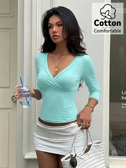 Aloruh Aqua Blue V-Neck 3/4 Sleeve Slimming T-Shirt Everyday Sexy Autumn Casual Outfits Clothes Beach Everyday Going Out Vacation Boho Y2k Clothes Y2K Tops