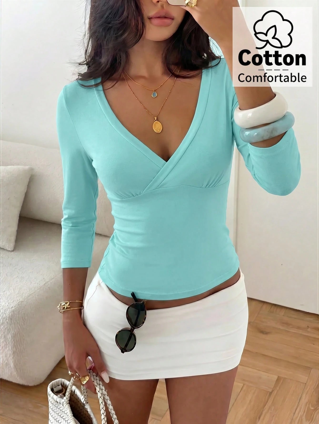 Aloruh Aqua Blue V-Neck 3/4 Sleeve Slimming T-Shirt Everyday Sexy Autumn Casual Outfits Clothes Beach Everyday Going Out Vacation Boho Y2k Clothes Y2K Tops
