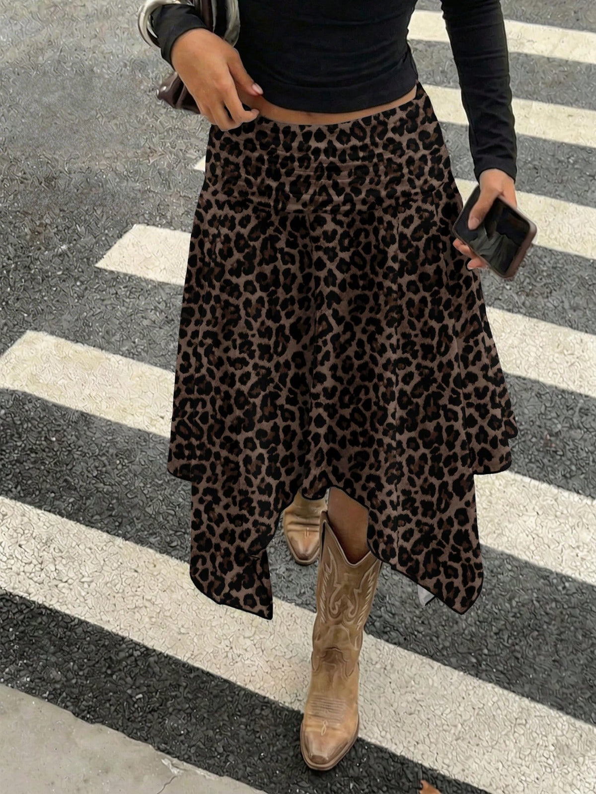 Aloruh Women's Brown Striped Leopard Print Midi Skirt,Asymmetrical High-Low Hem,Seductive Winter Night Out,Retro Y2K Boho Western Festival Seaside Vacation