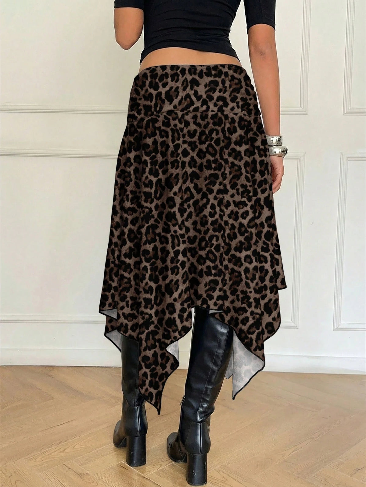 Aloruh Women's Brown Striped Leopard Print Midi Skirt,Asymmetrical High-Low Hem,Seductive Winter Night Out,Retro Y2K Boho Western Festival Seaside Vacation