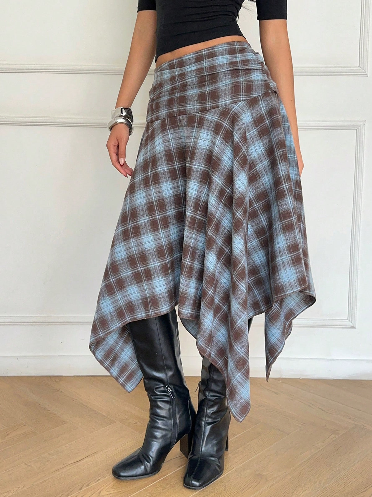 Aloruh Women's Brown Striped Leopard Print Midi Skirt,Asymmetrical High-Low Hem,Seductive Winter Night Out,Retro Y2K Boho Western Festival Seaside Vacation
