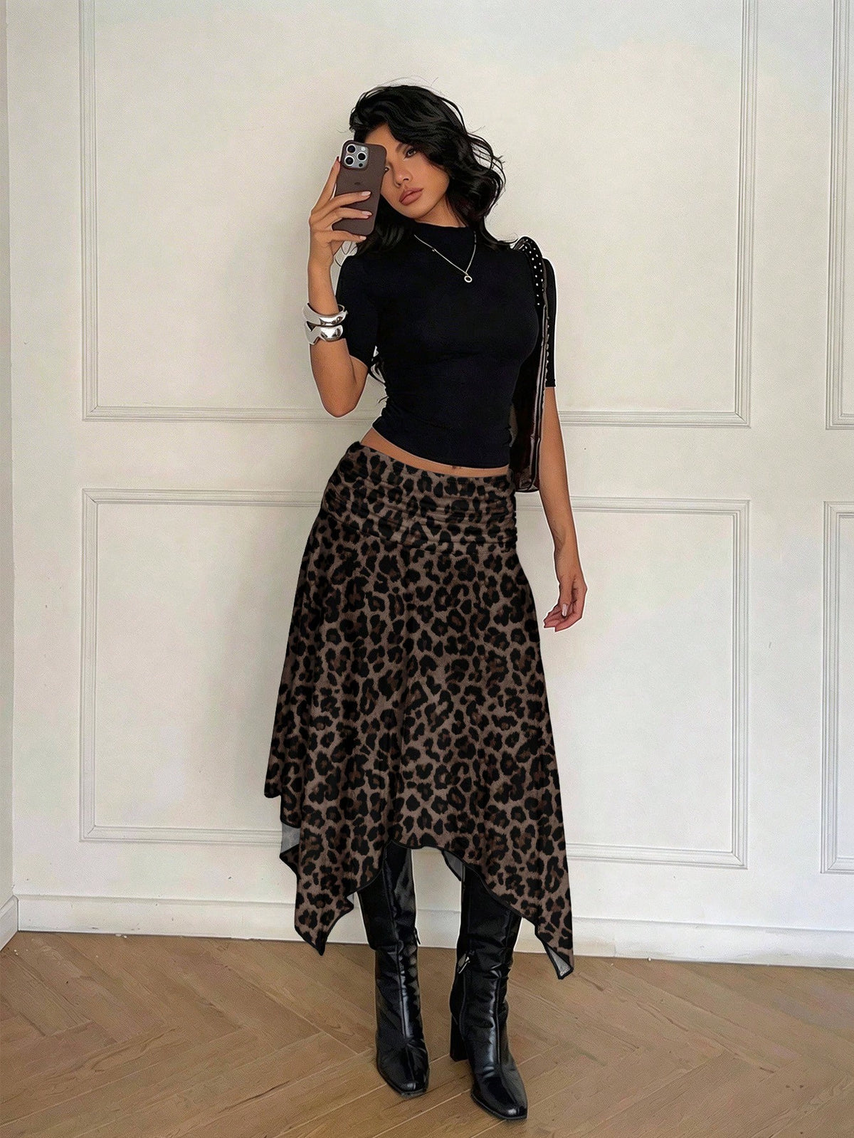Aloruh Women's Brown Striped Leopard Print Midi Skirt,Asymmetrical High-Low Hem,Seductive Winter Night Out,Retro Y2K Boho Western Festival Seaside Vacation