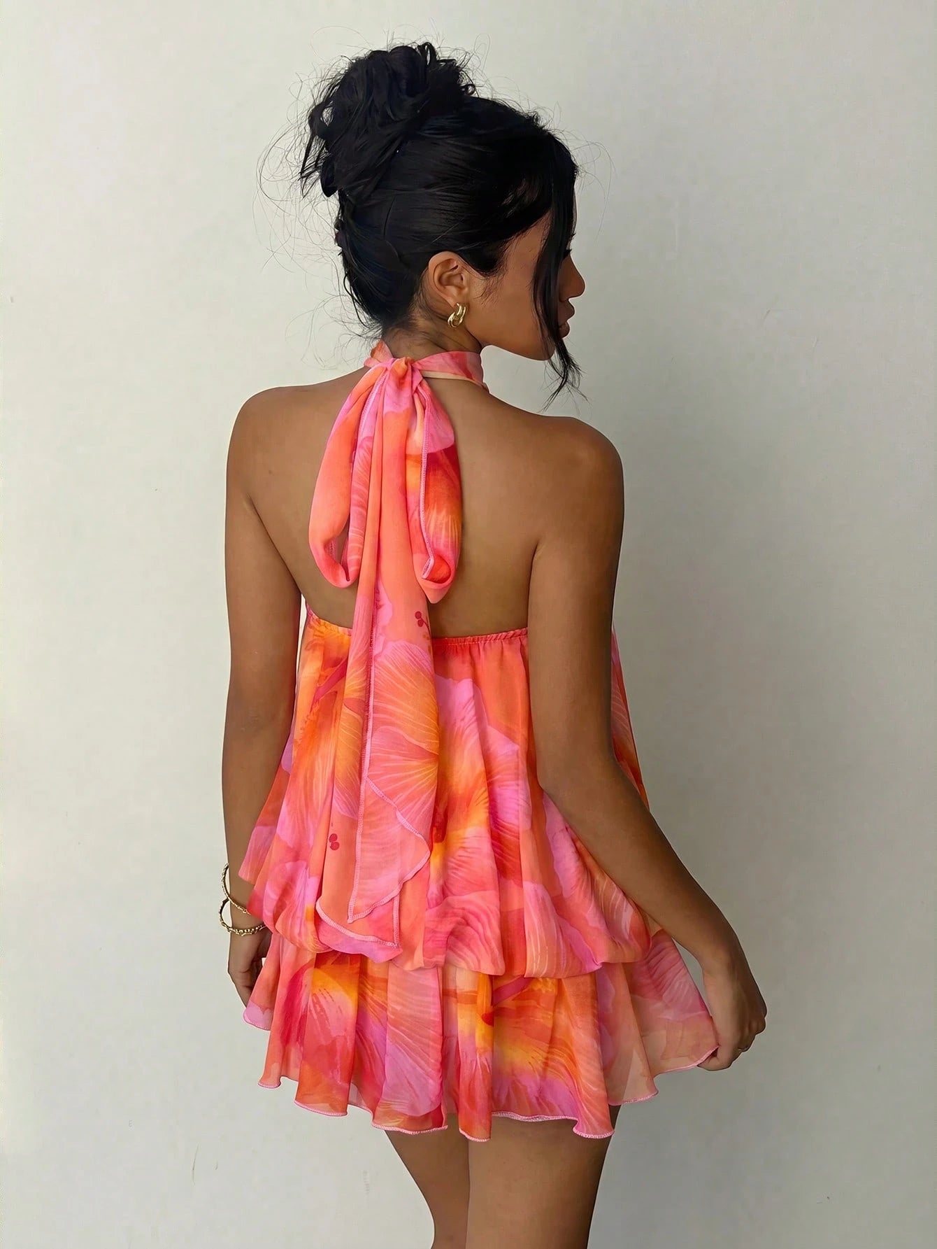 Aloruh Women's Elegant Tropical Sexy Pink Floral Halter Neck Tie Mini Dress Vacation Beach Summer