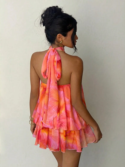 Aloruh Women's Elegant Tropical Sexy Pink Floral Halter Neck Tie Mini Dress Vacation Beach Summer