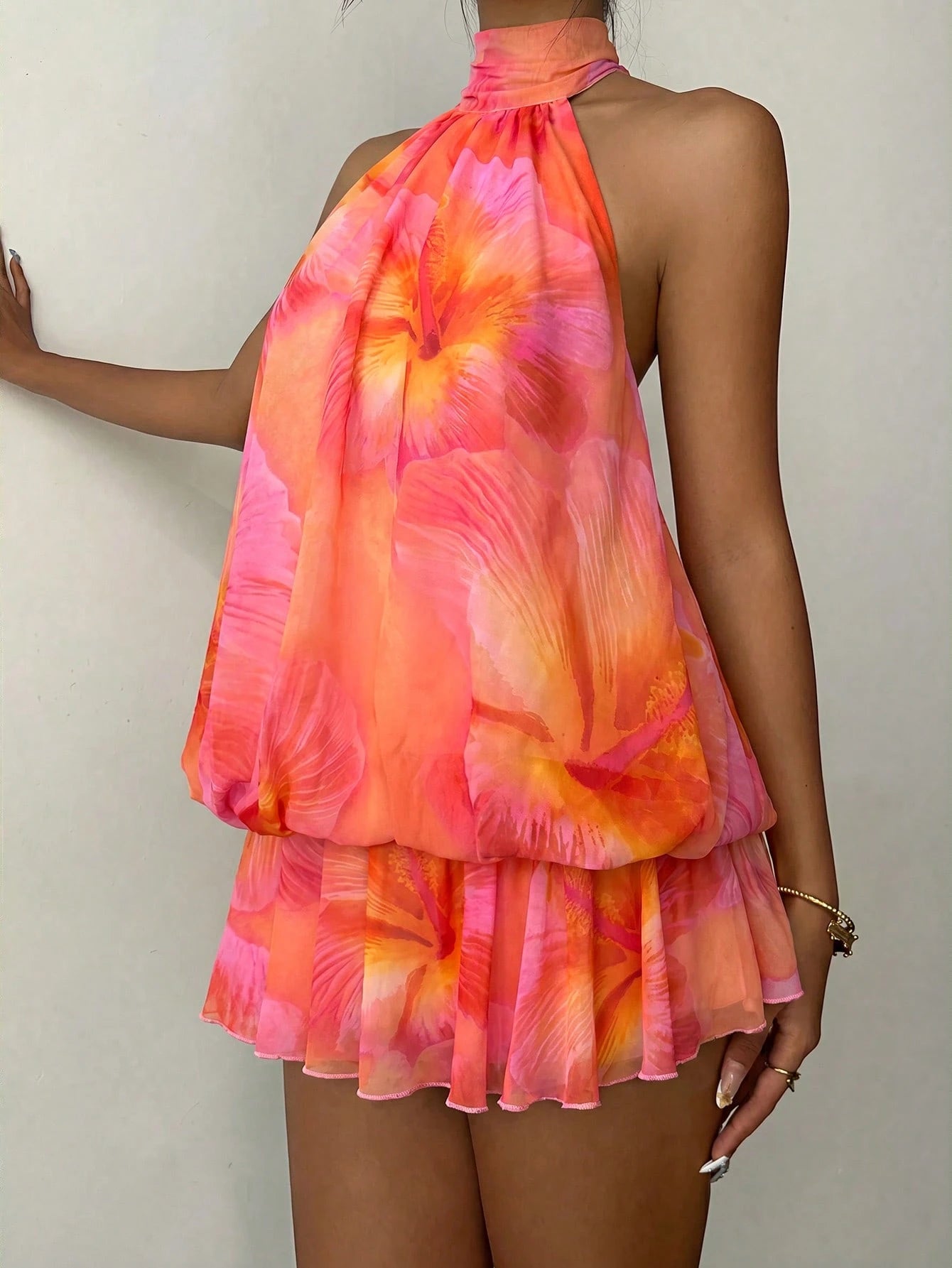Aloruh Women's Elegant Tropical Sexy Pink Floral Halter Neck Tie Mini Dress Vacation Beach Summer