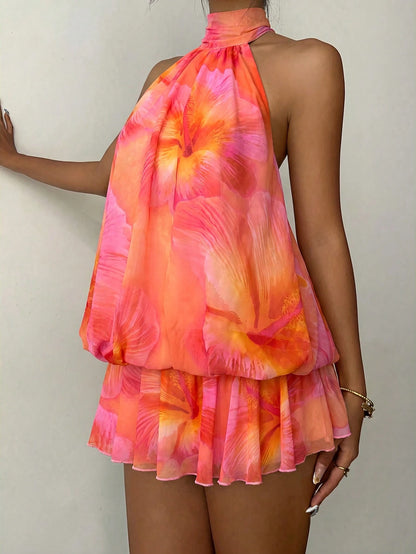 Aloruh Women's Elegant Tropical Sexy Pink Floral Halter Neck Tie Mini Dress Vacation Beach Summer