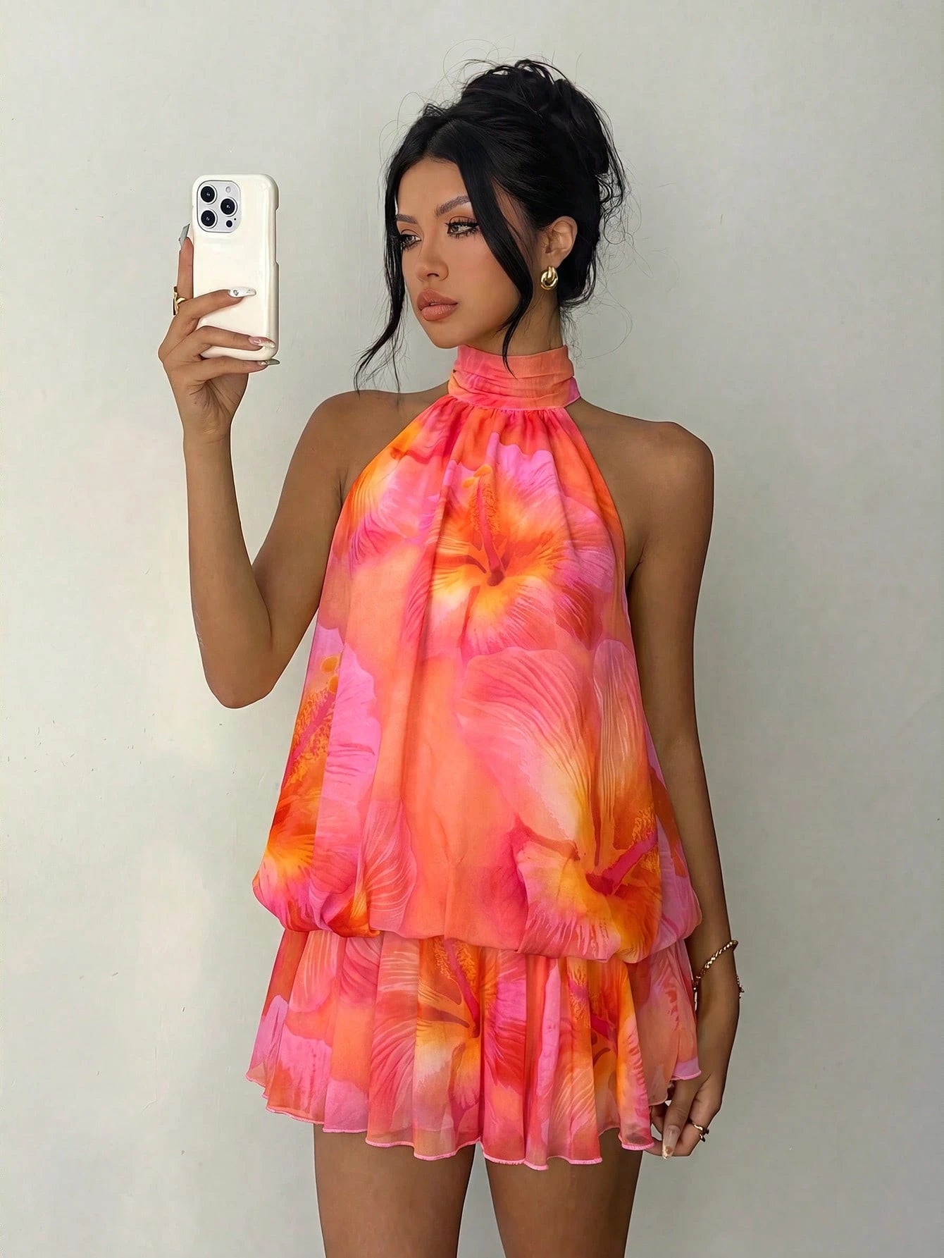 Aloruh Women's Elegant Tropical Sexy Pink Floral Halter Neck Tie Mini Dress Vacation Beach Summer