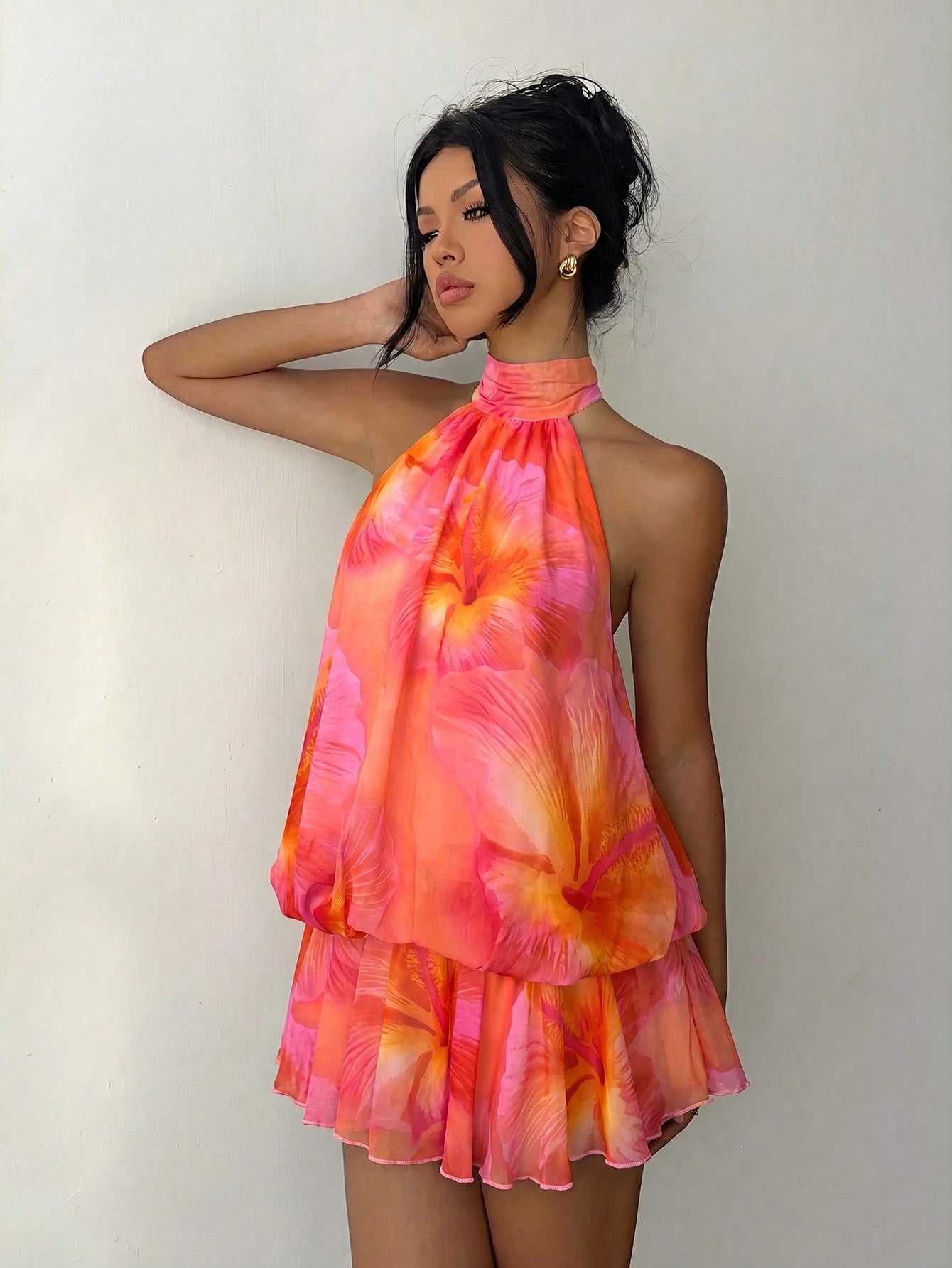 Aloruh Women's Elegant Tropical Sexy Pink Floral Halter Neck Tie Mini Dress Vacation Beach Summer
