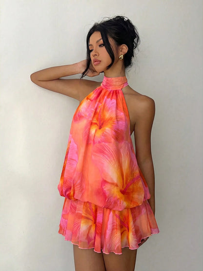 Aloruh Women's Elegant Tropical Sexy Pink Floral Halter Neck Tie Mini Dress Vacation Beach Summer