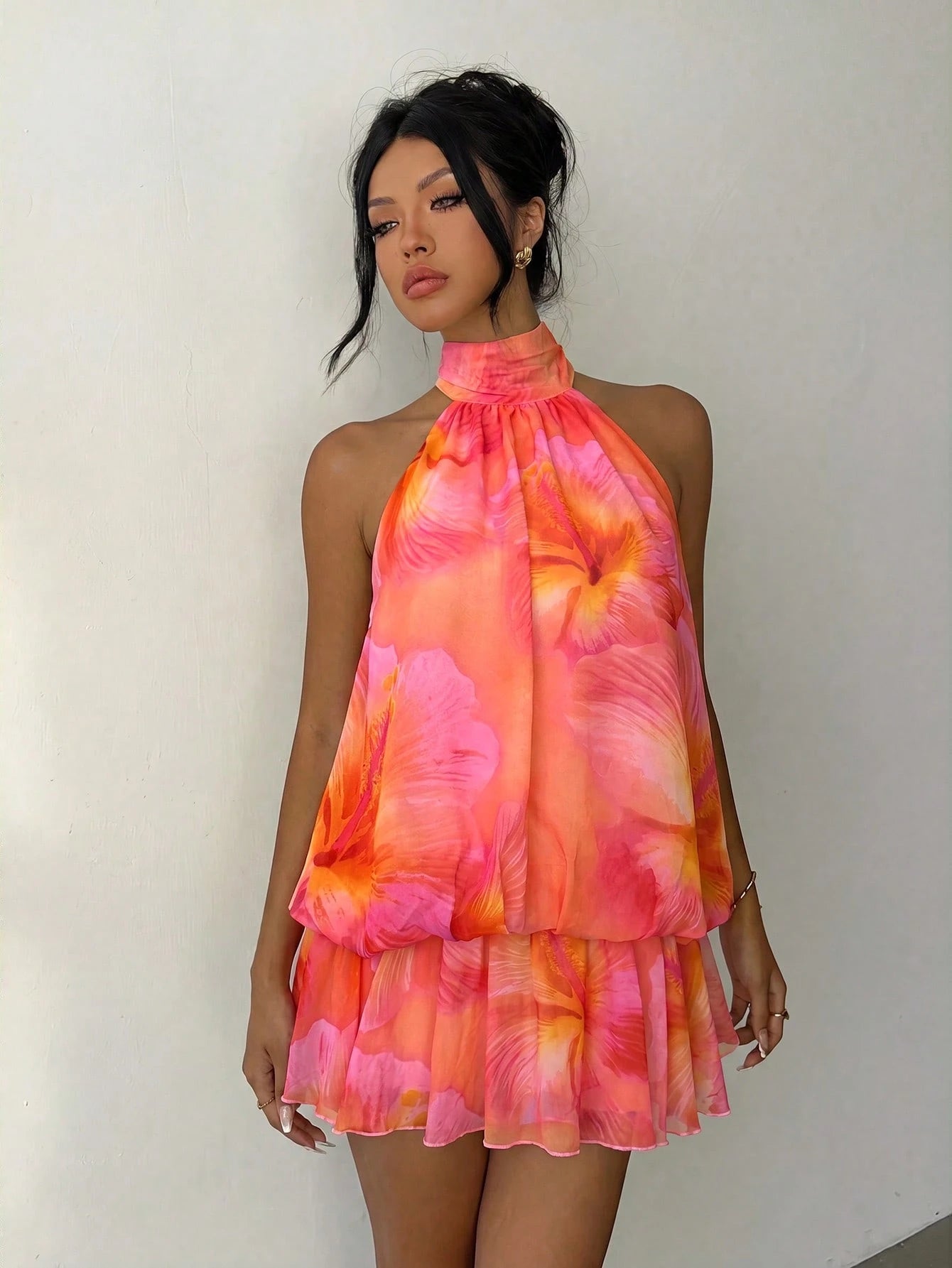 Aloruh Women's Elegant Tropical Sexy Pink Floral Halter Neck Tie Mini Dress Vacation Beach Summer