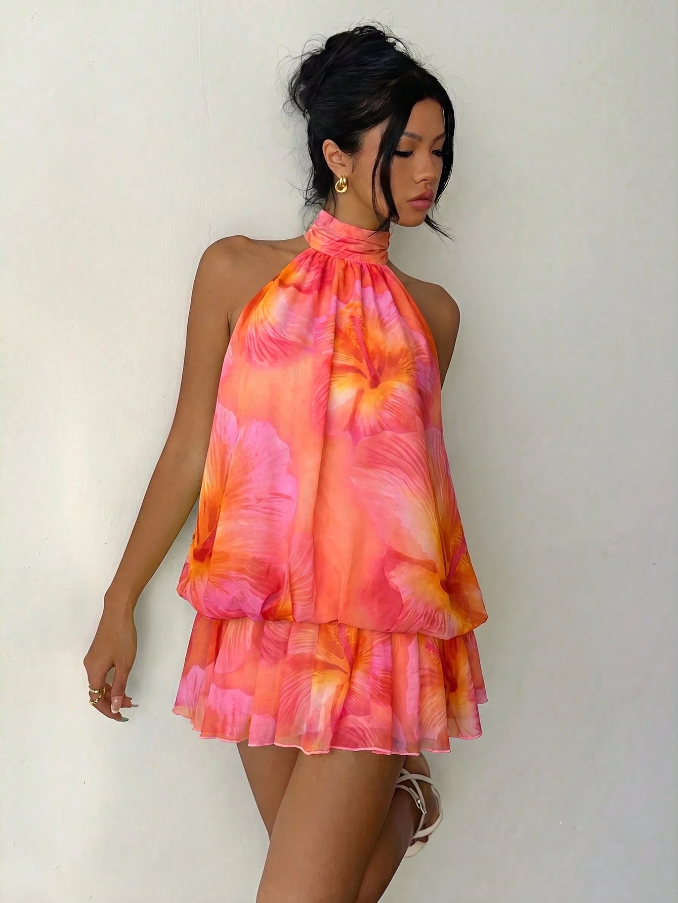 Aloruh Women's Elegant Tropical Sexy Pink Floral Halter Neck Tie Mini Dress Vacation Beach Summer